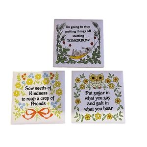 Set of 3 Vintage Footed  Ceramic Trivets - Mouse, Owl, and Floral.4.25" x 4.25"